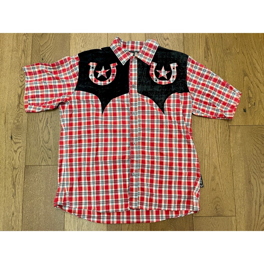 Vtg Casino Wear LA Western Shirt L Red Plaid Velvet Horseshoe Star Cutout USA